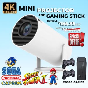 4K Mini Projector and Game Stick Bundle with two wireless controllers and a variety of accessories.