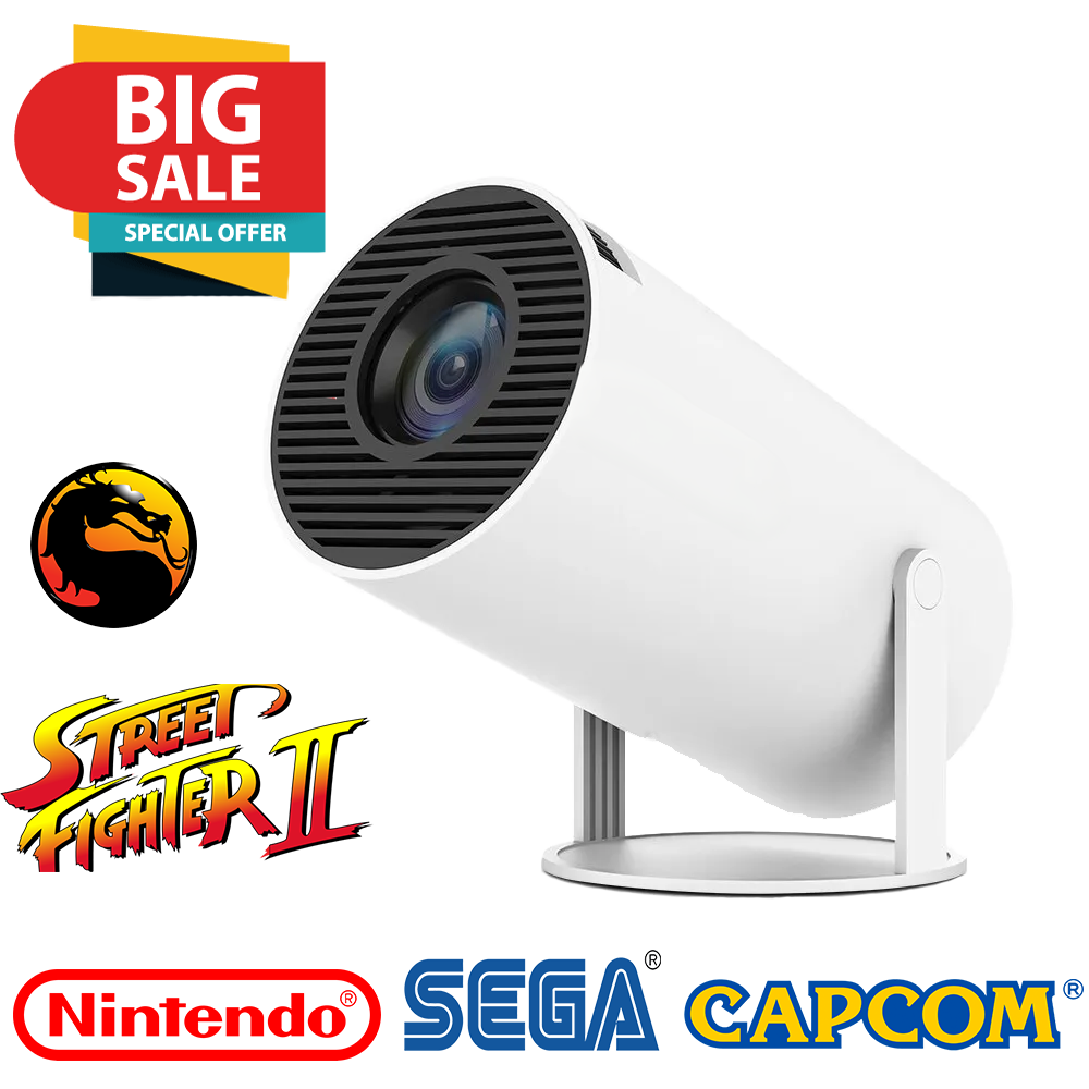 Mini projector on special offer with gaming console brand logos including Nintendo, Sega, and Capcom